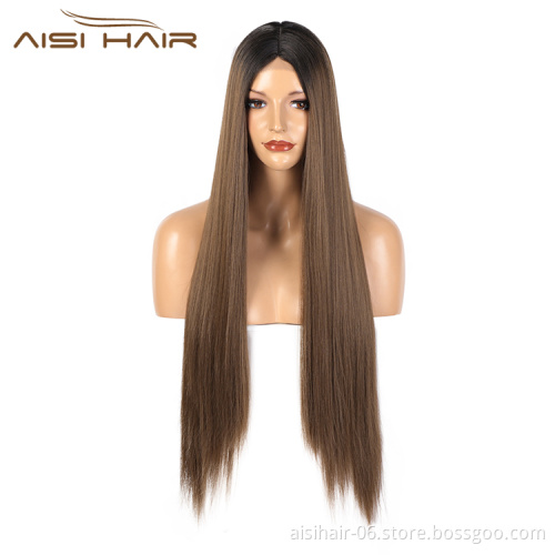Aisi Hair 30 Inch Long Silky Straight Ombre Brown Dark Root Swiss Lace Wig Cheap Synthetic Hair Lace Front Wigs For Black Women